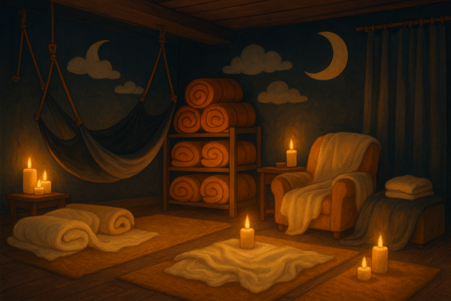 Room filled with sleep and slumber related items, hammocks, sleeping bags, candles, blankets. Warm colored with dark blue hues